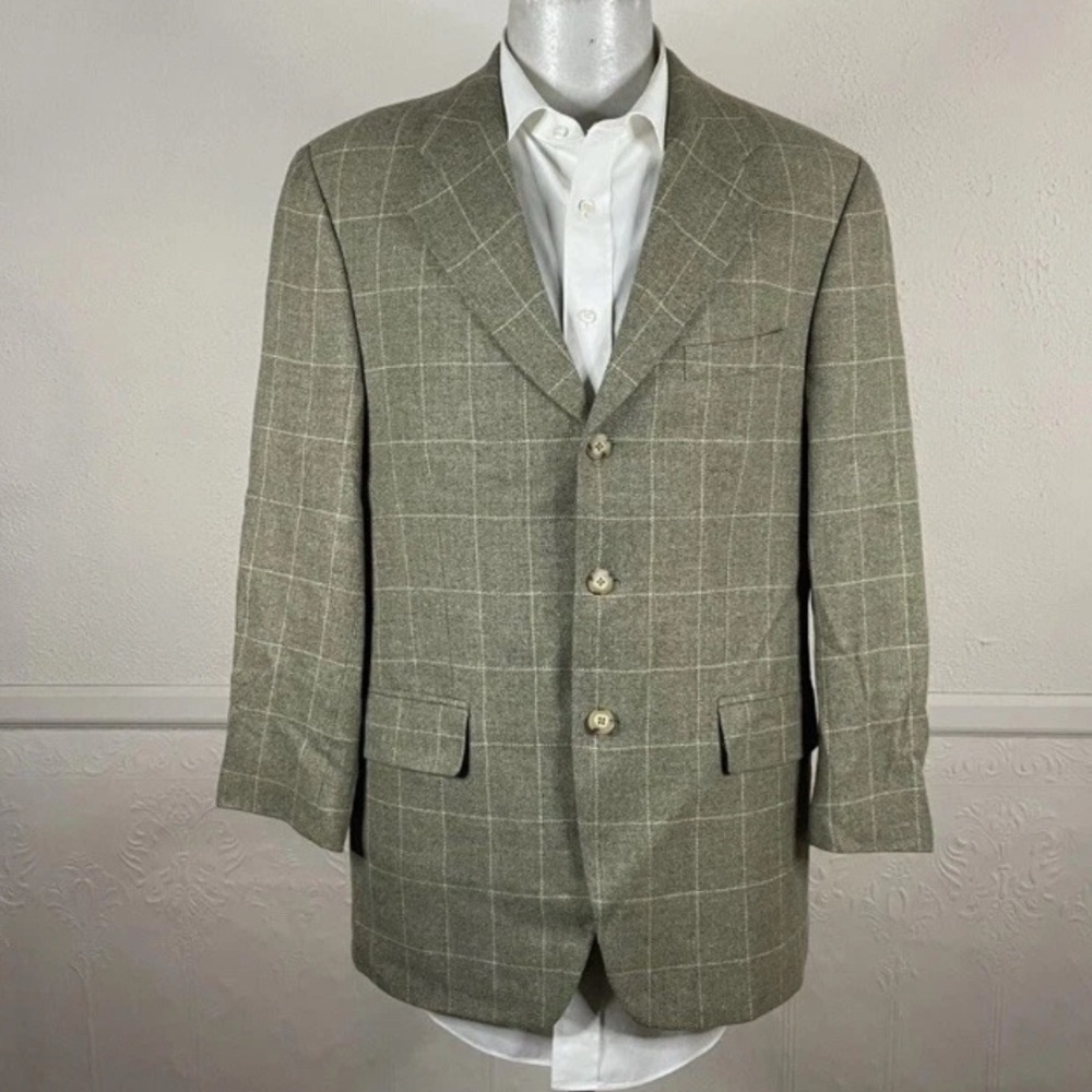 Ralph Lauren Sport Coat Blazer Mens 41R Silk Wool Linen Beige Windowpane Check